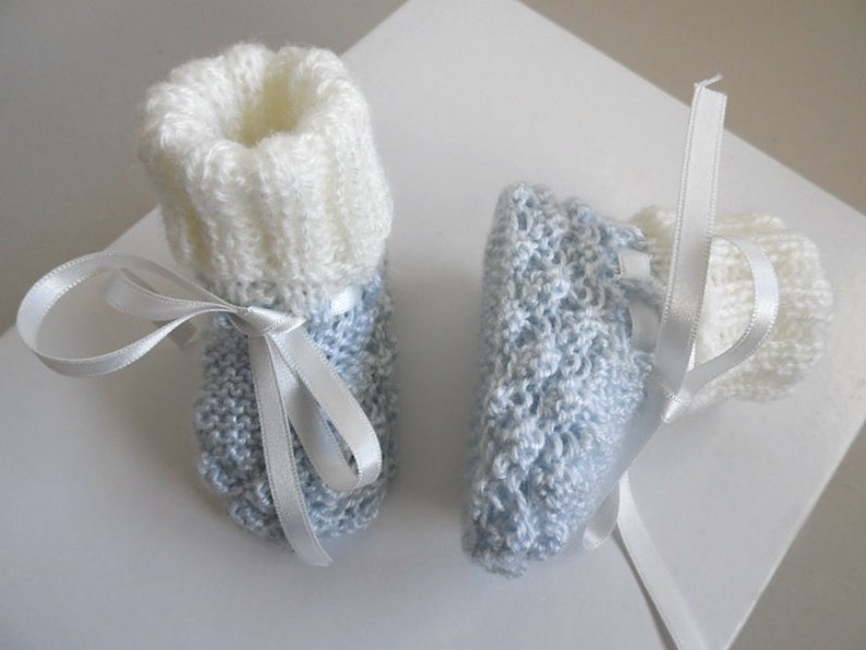 1 m set ecru hand knitted and azure blue baby boy unique knit bb loveys to order Baby hat and booties