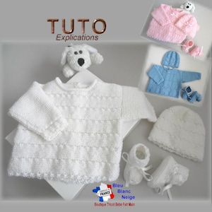 TUTORIAL tu-404 – 3 sizes on the same pdf - Birth to 3 months - baby knitting pattern, Explanations of bra, hat and booties tutorial