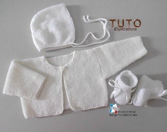 TUTO tu-432 – 4 tailles sur le même pdf - fiche tricot bébé , Explications Cardigan point Riz  bonnet béguin et chaussons à tricoter