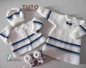 TUTO tu-122 – Naissance - fiche tricot bébé , Explication Brassière, Robe, Bonnet et Chaussons, modèle à tricoter, layette  tuto tricot bb