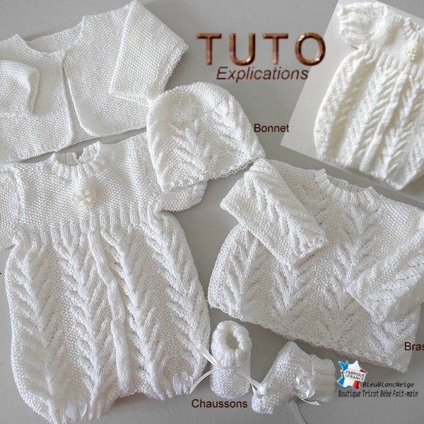 TUTO tu-155 - 3 months - explanations bloomer set, cardigan, bra, dress, hat and slippers, baby knitting pattern baby knitting sheet
