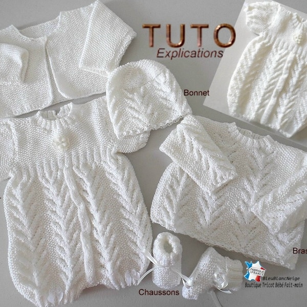 TUTO tu-151- 1 month - explanations bloomer set, cardigan, bra, dress, hat and slippers, baby knitting pattern baby knitting sheet