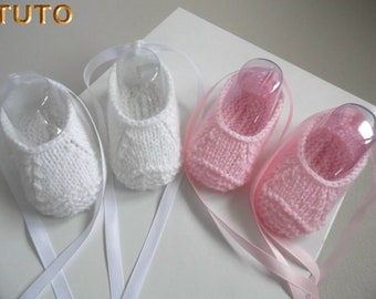 TUTORIAL TU-002 – Explanations of hand-knitted baby girl ballerina slippers bb N-1m knitting tutorial in digital pdf download