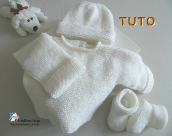 TUTO tu-423 – FACILE - 3 tailles sur le même pdf -  fiche tricot bébé , Explications Brassière, bonnet chaussons modèle layette à tricoter