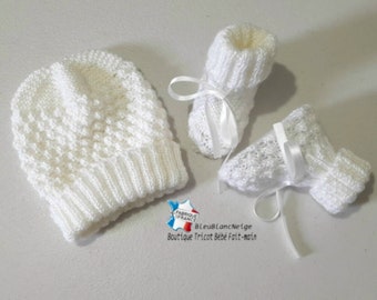 Birth hat and slippers, hand-knitted set in MILK-colored wool, baby knitting, hugs ON ORDER