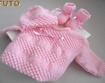 TUTORIEL TU-015- 1 mois PDF explications complètes avec photo, modèle tricot bébé fait main, ensemble rose,  fiche tricot bebe, layette bb