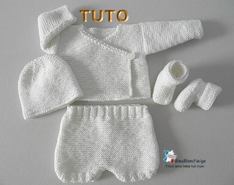 TUTO tu-402 – 3 tailles Préma à Naissance ou Reborn - fiche tricot bébé Explication brassière bloomer bonnet et chaussons layette tricot bb