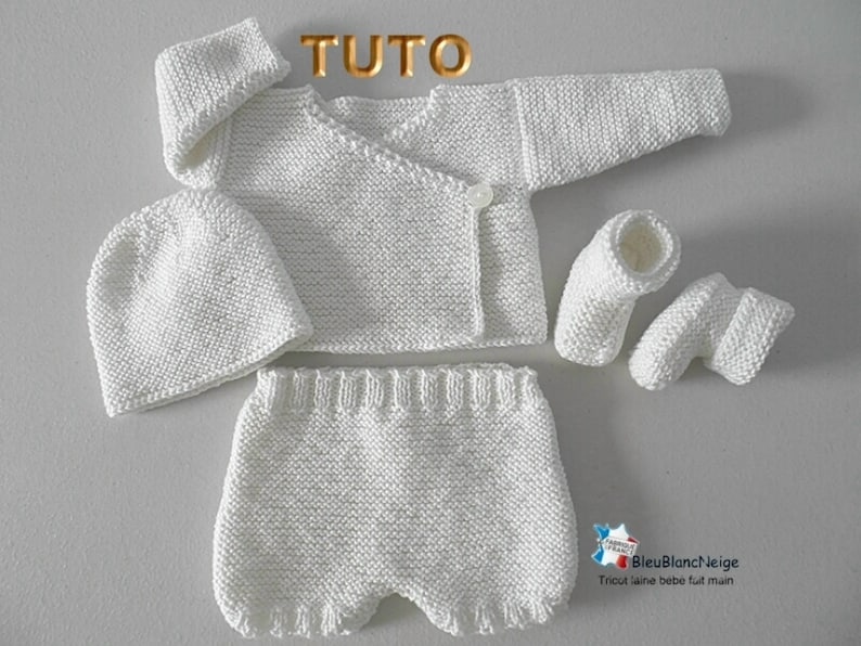 TUTO tu-402 3 tailles Préma à Naissance ou Reborn fiche tricot bébé Explication brassière bloomer bonnet et chaussons layette tricot bb image 1