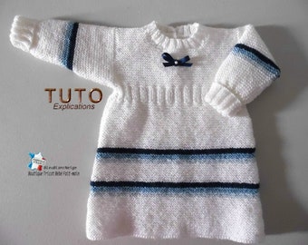 TUTO tu-427 – 5 sizes on the same pdf - baby knitting sheet, Explanations Baby knitting dress tutorial layette model to knit