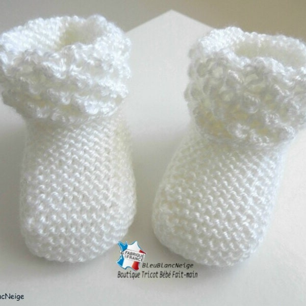 Baby slippers 3 months in milk white calinou wool knitted baby mixed girl or boy knitted all foam with astrakhan bb cuff on ORDER