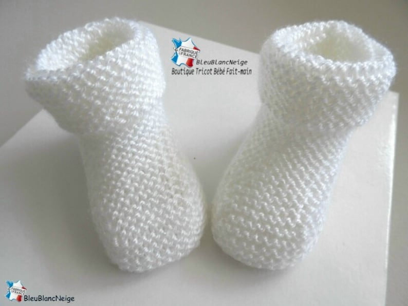 Chaussons bébé Naissance tricot bebe laine calinou blanc lait mixte fille ou garçon tricotés tout mousse à revers mousse sur COMMANDE image 4