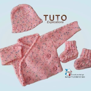 TUTORIAL tu-443 – 3 sizes on the same pdf IN FRENCH – Knitting baby Pattern Bralette hat slippers layette model to knit, instructions