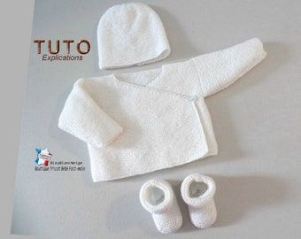 TUTO tu-428 – 4 tailles sur le même pdf - fiche tricot bébé , Explications Brassière bonnet chaussons tuto Facile à tricoter