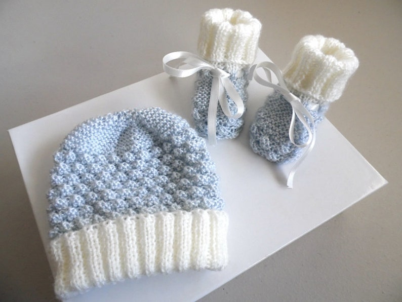 1 m set ecru hand knitted and azure blue baby boy unique knit bb loveys to order Baby hat and booties