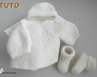 TUTO tu-405 – 3 tailles sur le même pdf - fiche tricot bébé , Explications brassière bonnet et chaussons tutoriel