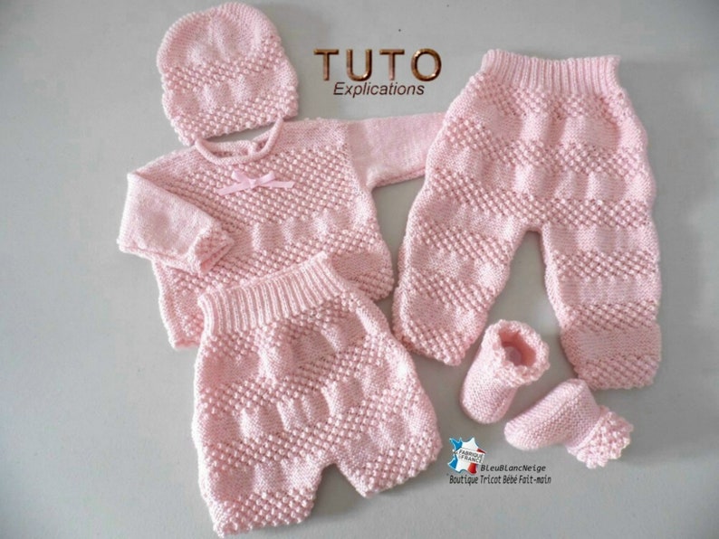 TUTORIAL tu-147 1 month baby knitting sheet, explanations bra bloomer pants hat and slippers baby layette handmade knit image 10