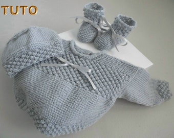 TUTORIEL TU-014-1m PDF explications complètes avec photo, modèle tricot bébé fait main, ensemble gris ou bleu, fiche tricot bebe, layette