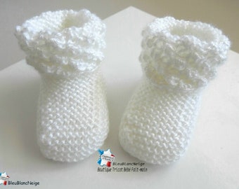 Chaussons bébé Naissance en laine calinou blanc lait Tricot bebe mixte fille ou garçon tricotés mousse à revers astrakan sur COMMANDE