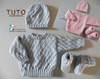 TUTORIAL tu-429 – 3 Größen auf demselben PDF – Baby-Strickblatt, Erklärungen, BH-Mütze-Strickhausschuhe