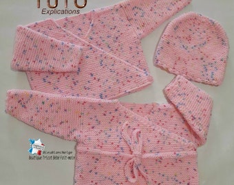 tu-173- 3 months set Crossed bra + Tie bra and hat, baby knitting explanations – layette pattern EASY model