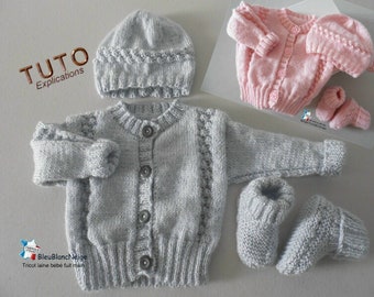 TUTO tu-422 - 3 sizes on the same pdf - baby knitting sheet, Explanations Cardigan hat booties tutorial knitting pattern