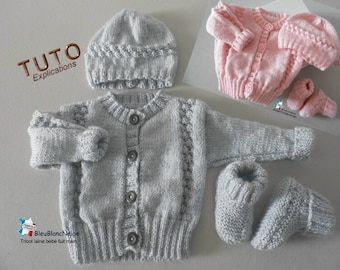 TUTO tu-422 - 3 sizes on the same pdf - baby knitting sheet, Explanations Cardigan hat booties tutorial knitting pattern