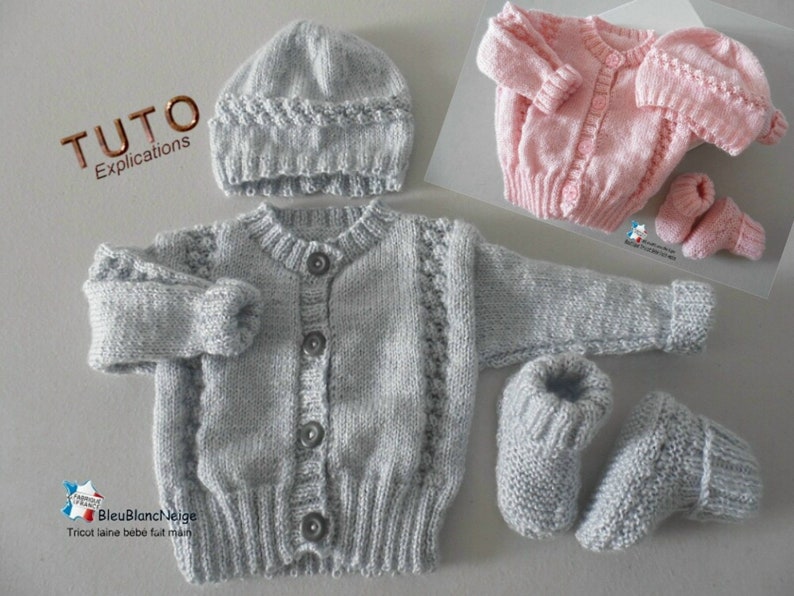TUTO tu-422 3 sizes on the same pdf baby knitting sheet, Explanations Cardigan hat booties tutorial knitting pattern image 1
