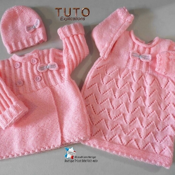 TUTO tu-146 – 6 mois - fiche tricot bébé, explications en tricot bébé, robe manteau ou veste et bonnet bb layette tricot fait main