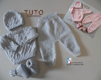 TUTO tu-152 – Naissance - fiche tricot bébé , Explication Brassière, Pantalon, Bonnet et Chaussons, modèle à tricoter, layette bb