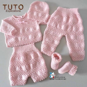 TUTORIAL tu-147 – 1 month - instructions for baby bloomer, pants, hat and booties, baby layette, knitting pattern only in French
