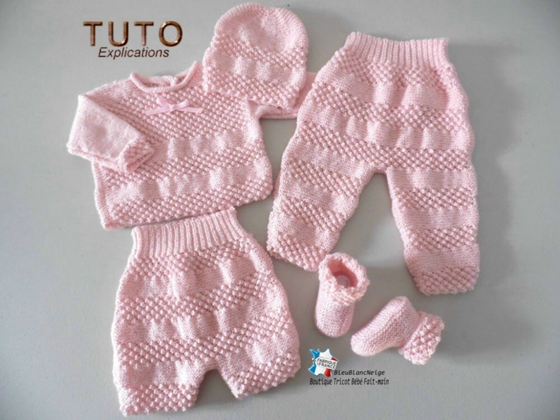 TUTORIAL tu-147 1 month baby knitting sheet, explanations bra bloomer pants hat and slippers baby layette handmade knit image 1