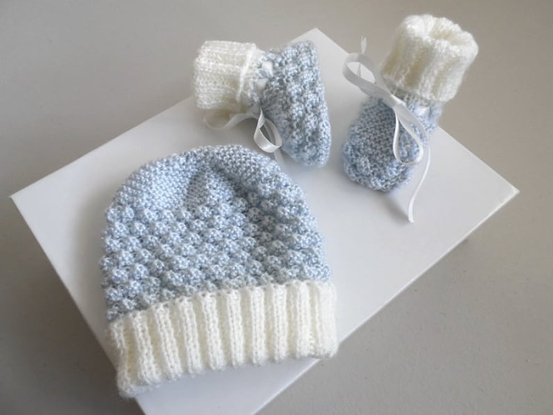 1 m set ecru hand knitted and azure blue baby boy unique knit bb loveys to order Baby hat and booties