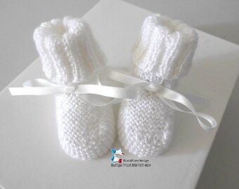 Baby slippers for birth, milk white, RICE point, satin ribbon, knitted baby, mixed baby layette, ON ORDER