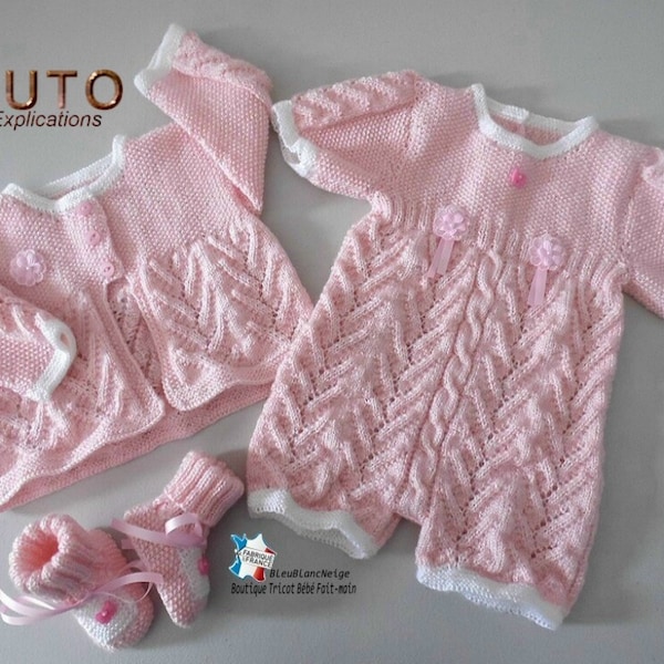 TUTO tu-150- 3mois – explications ensemble Muguet Combi-bloomer, cardigan et chaussons bb layette tricot fait main fiche tricot