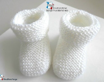 Chaussons bébé Naissance tricot bebe laine calinou blanc lait mixte fille ou garçon tricotés tout mousse à revers mousse sur COMMANDE