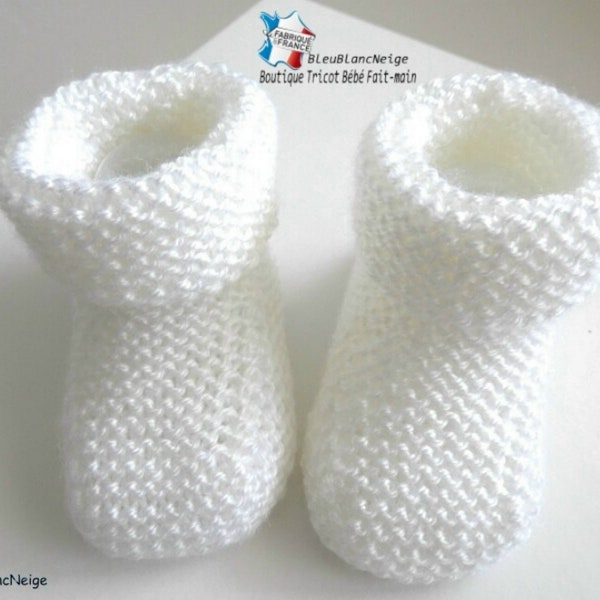 Chaussons bébé Naissance tricot bebe laine calinou blanc lait mixte fille ou garçon tricotés tout mousse à revers mousse sur COMMANDE