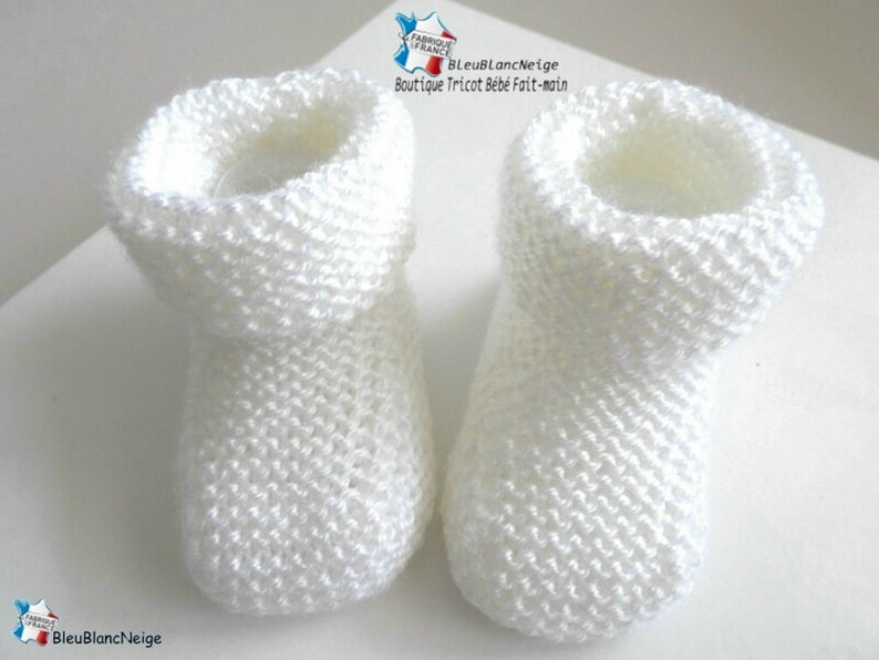 Chaussons bébé Naissance tricot bebe laine calinou blanc lait mixte fille ou garçon tricotés tout mousse à revers mousse sur COMMANDE image 1