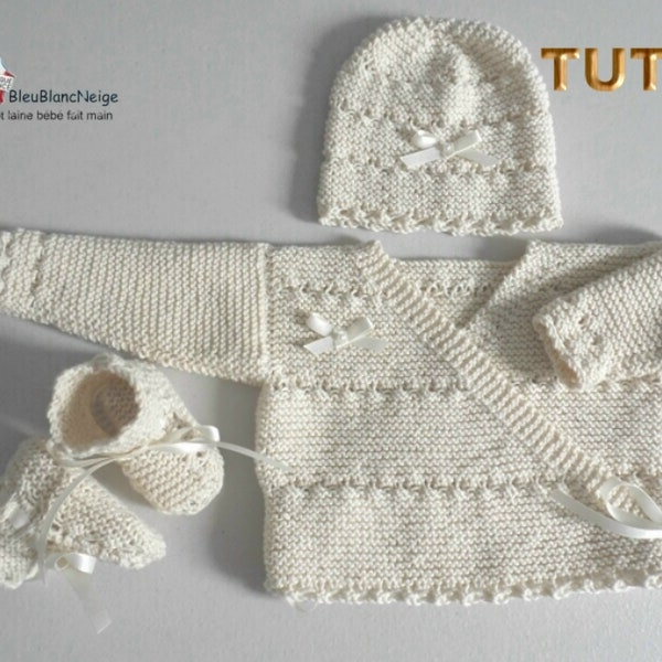 TUTO – TU-121 – Naissance, explication brassière, bonnet, chausson, coton bio organique, téléchargement, fiche tricot