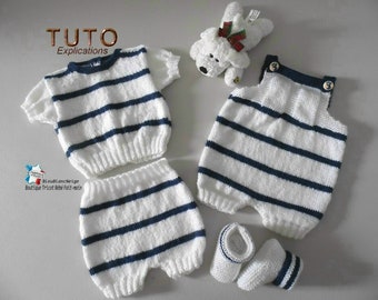 TUTO tu-118 – Naissance - fiche tricot bébé , Explication Brassière, Salopette combinaison, bloomer, chaussons, modèle à tricoter, tutoriel