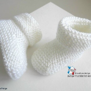 Chaussons bébé Naissance tricot bebe laine calinou blanc lait mixte fille ou garçon tricotés tout mousse à revers mousse sur COMMANDE image 5