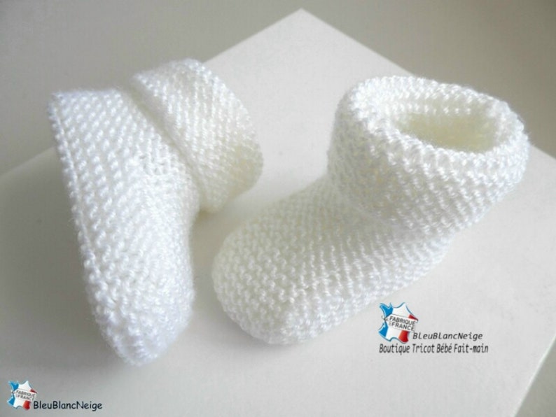 Chaussons bébé Naissance tricot bebe laine calinou blanc lait mixte fille ou garçon tricotés tout mousse à revers mousse sur COMMANDE image 5