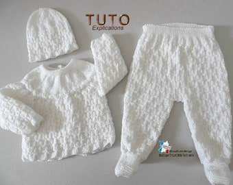 TUTO tu-149- Naissance – explications ensemble Damier Brassière, pantalon à pieds et bonnet, bb layette tricot fait main