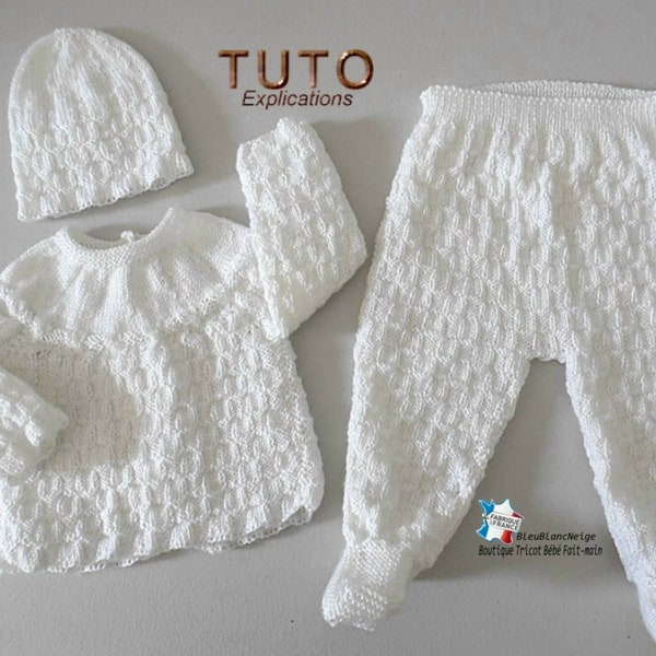 TUTO tu-149- Naissance – explications ensemble Damier Brassière, pantalon à pieds et bonnet, bb layette tricot fait main