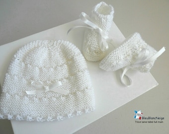 Bonnet bébé et chaussons 3 mois FILLE tricot bébé laine calinou lait ruban ivoire réalisés en tricot bb fait main layette bebe sur COMMANDE