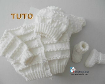 TUTO tu-424 – 3 tailles sur le même pdf - fiche tricot bébé , Explications Gilet bonnet chaussons tuto modèle à tricoter