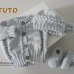 TUTO tu-422 3 sizes on the same pdf baby knitting sheet, Explanations Cardigan hat booties tutorial knitting pattern image 2