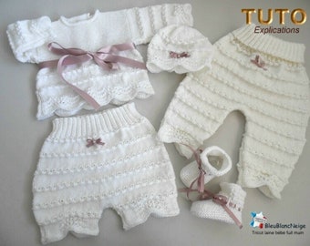 tu-132 – 3 months waves, TUTO Bra, Hat, Slippers, Pants, Bloomers, explanations in French, baby layette baby model