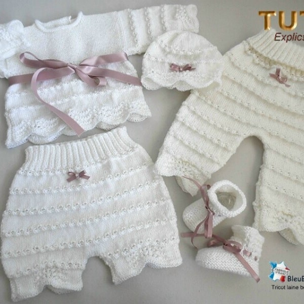 tu-132 – 3 months waves, TUTO Bra, Hat, Slippers, Pants, Bloomers, explanations in French, baby layette baby model