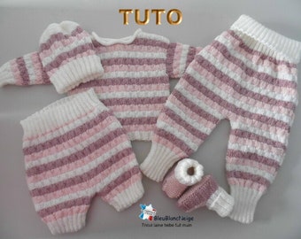 TUTORIAL tu-103 – 1 month - baby knitting sheet, explanations, baby knitting, bra, hat, slippers, bloomers, baby panties, pants, in French