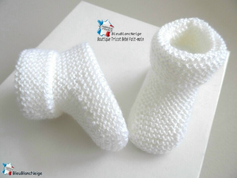 Chaussons bébé Naissance tricot bebe laine calinou blanc lait mixte fille ou garçon tricotés tout mousse à revers mousse sur COMMANDE image 2